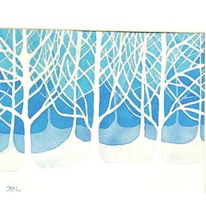 PAINTING WATERCOLOR ART TREES LANDSCAPE WINTER 11X14 BLUE WHITE 16X20 WHITE MAT